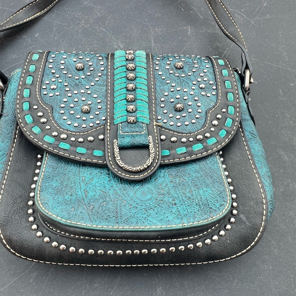 Montana West Turquoise and Black Studded Embossed Crossbody Bag - Picture 2 of 11